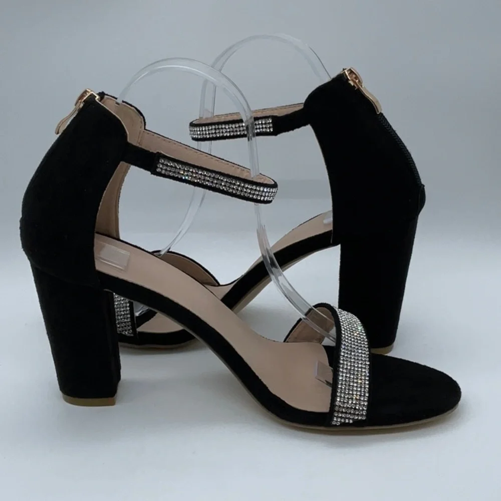 Black Faux suede heels with sparkle detail ankle strap back gold zipper closure